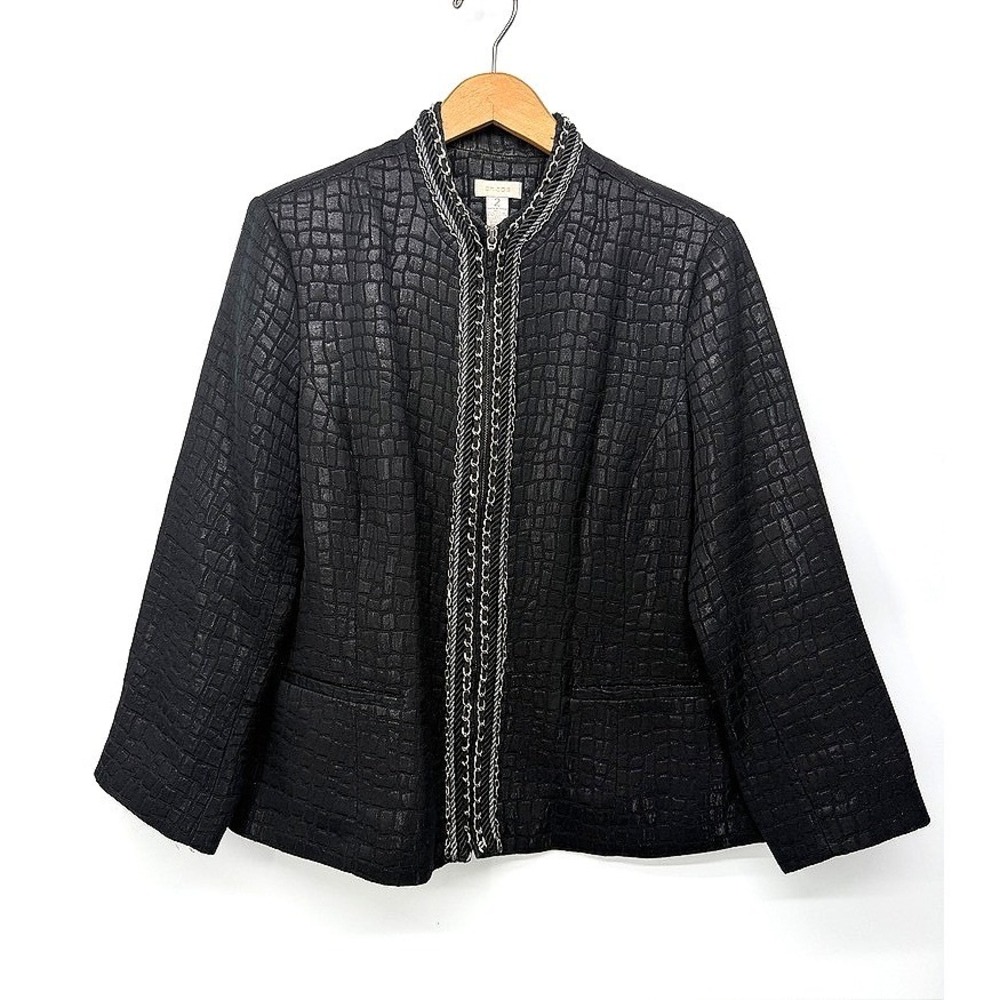 Chicos Croc Embossed Jacket Chain Trim Metallic Zip Up Evening Edgy Size 2/MD